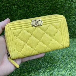 Auth CHANEL Boy Caviar Quilted Zip Around Wallet Yellow